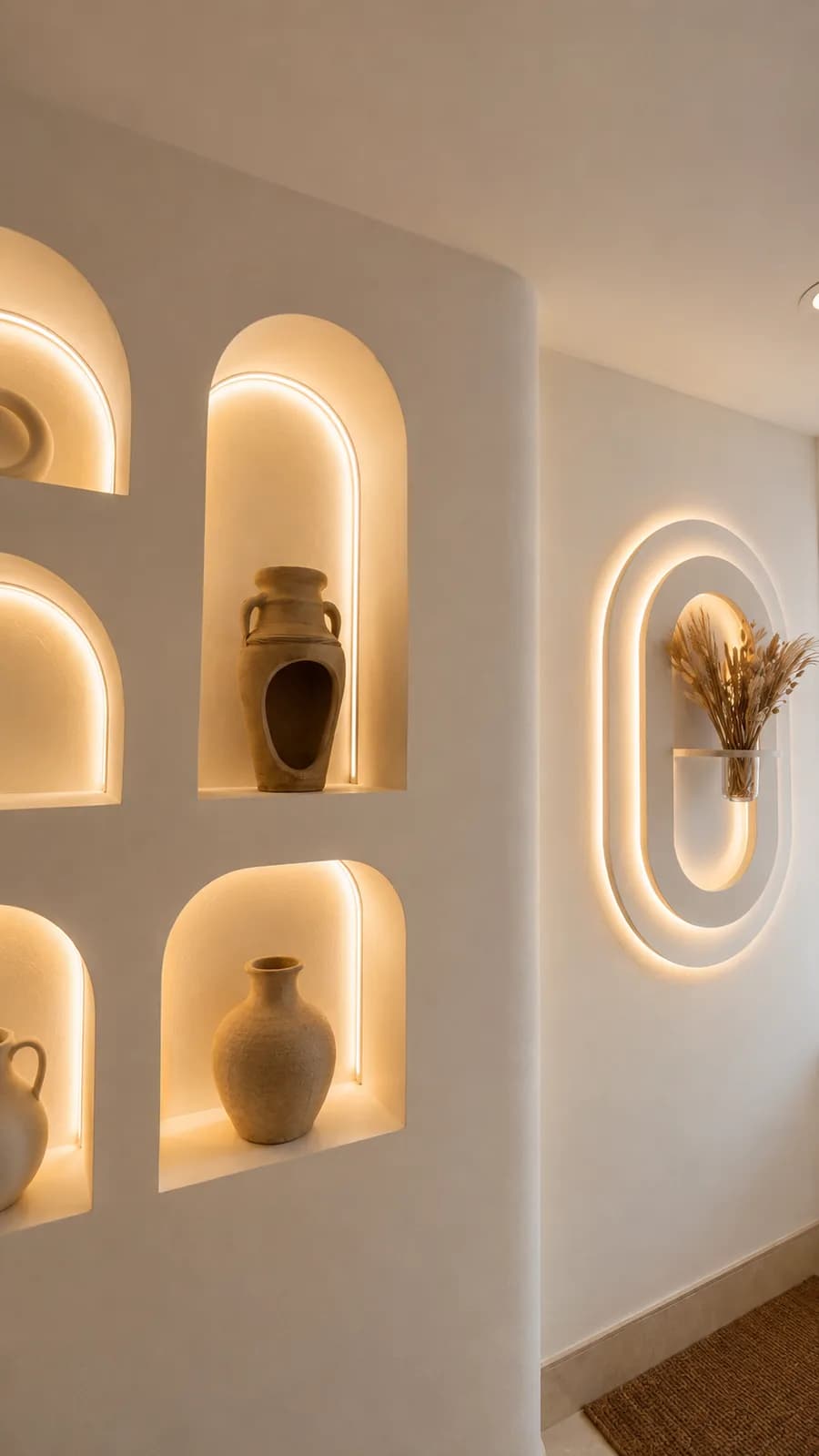 Backlit arched niches in the wall at Véra Nail Studio